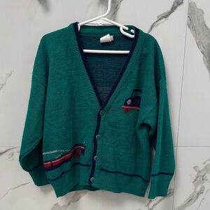 Vintage Honors Boys Teal Cardigan with Car Design